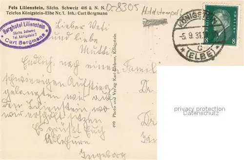 AK / Ansichtskarte Koenigstein_Saechsische_Schweiz Gesamtansicht mit Fels Lilienstein Berghotelstempel Koenigstein_Saechsische
