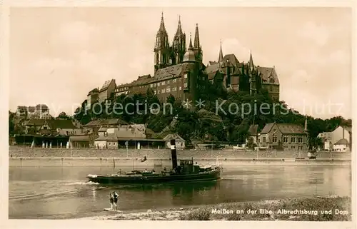 AK / Ansichtskarte Meissen_Elbe_Sachsen Albrechtsburg und Dom Dampfschlepper Meissen_Elbe_Sachsen