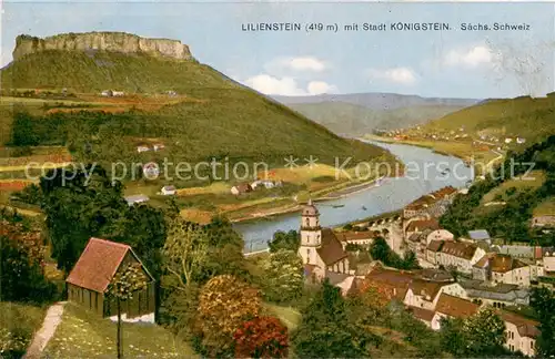 AK / Ansichtskarte Koenigstein_Saechsische_Schweiz Lilienstein mit Stadt Koenigstien Koenigstein_Saechsische