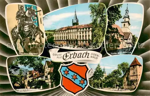 AK / Ansichtskarte Erbach_Odenwald Rittersaal Schloss Schlosshof Partie an der Muemling Stadtmauer Wappen Erbach Odenwald