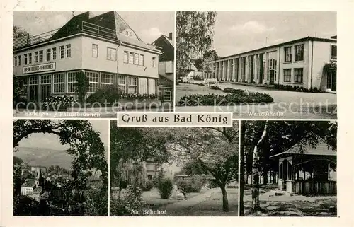 AK / Ansichtskarte Bad_Koenig_Odenwald Badehaus Fafnirbrunnen Wandelhalle Partie am Bahnhof Panorama Bad_Koenig_Odenwald