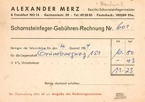 AK / Ansichtskarte Frankfurt_Main Alexander Merz Schornsteinfeger Rechnung Geschaeftskorrespondenz Frankfurt Main