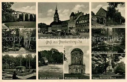 AK / Ansichtskarte Frankenberg_Sachsen Markt Luetzeltalbruecke Ehrenmal Schloss Sachsenburg Bismarckturm Sieges Denkmal Frankenberg Sachsen