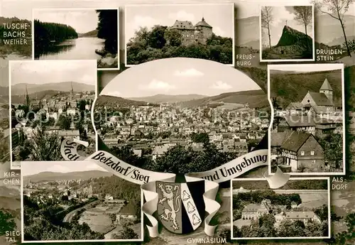 AK / Ansichtskarte Betzdorf_Sieg Stadtpanorama Tueschebachsweiher Freusburg Druidenstein Kirchen Gymnasium Siegtal Betzdorf Sieg