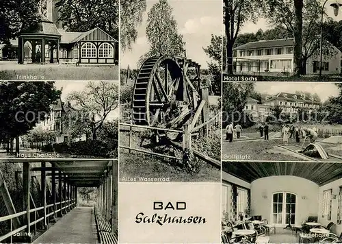 AK / Ansichtskarte Bad_Salzhausen Trinkhalle Kurhaeuser Saline Altes Wasserrad Lesehalle Minigolf Bad_Salzhausen