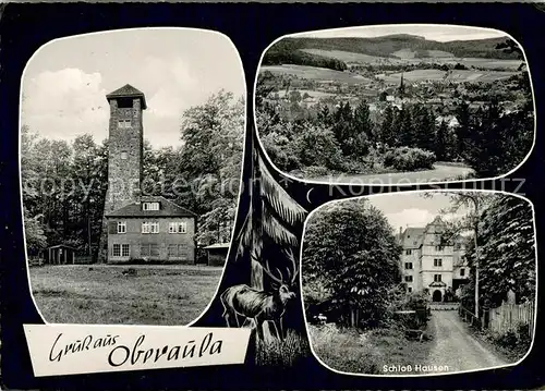 AK / Ansichtskarte Oberaula Gaststaette Aussichtsturm Schloss Hausen Panorama Hirsch Oberaula