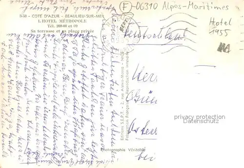 AK / Ansichtskarte Beaulieu sur Mer Hotel Metropole Sa terrasse et sa plage privee Beaulieu sur Mer