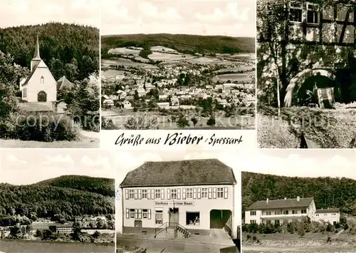 AK / Ansichtskarte Bieber_Spessart Gasthaus Gruener Baum Pension Wasserrad Kirche Panorama Bieber Spessart