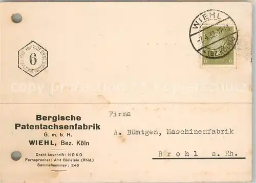 AK / Ansichtskarte Wiehl_Oberbergischer_Kreis Bergische Patentachsenfabrik Geschaeftskorrespondenz 