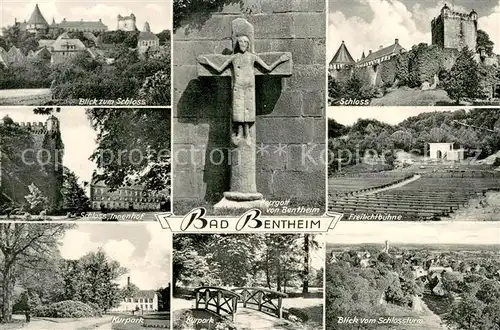 AK / Ansichtskarte Bad_Bentheim Blick zum Schloss Innenhof Kurpark Herrgott von Bentheim Kreuz Freilichtbuehne Stadtpanorama Bad_Bentheim