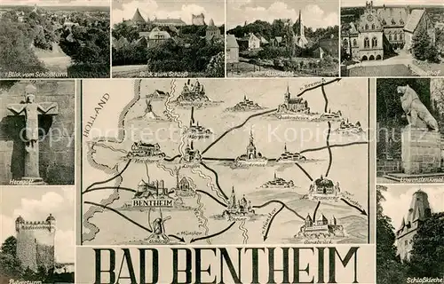 AK / Ansichtskarte Bad_Bentheim Panorama Blick vom Schlossturm Schlosshof Schloss Herrgott Kreuz Pulverturm Loewendenkmal Schlosskirche Landkarte Umgebung Bad_Bentheim