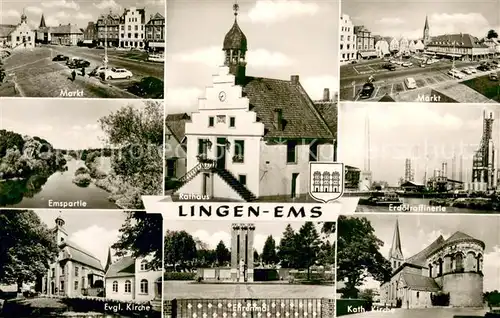 AK / Ansichtskarte Lingen_Ems Markt Kirche Rathaus Ehrenmal Erdoelraffinerie Lingen_Ems
