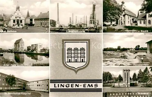 AK / Ansichtskarte Lingen_Ems Rathaus Alter Hafen St. Bonifatius Hospital Erdoelraffinerie Kirche Hanekenfaehr Ehrenmal Lingen_Ems