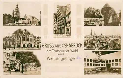 AK / Ansichtskarte Osnabrueck Dom Domhof Agnes Schoeller Haus Vitischanze Nationaltheater Friedenssaal Brunnen am Herrnteichswall Osnabrueck