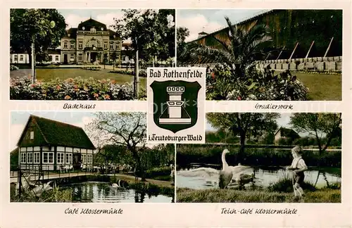 AK / Ansichtskarte Bad_Rothenfelde Badehaus Gradierwerk Cafe Klostermuehle Uferpartie am Teich Schwaene Bad_Rothenfelde