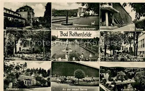 AK / Ansichtskarte Bad_Rothenfelde Badehaus Wittekindsprudel Kinderbrunnen Saline Musikpavillon Freibad Kurgarten Heldenhain Kahnteich Bad_Rothenfelde