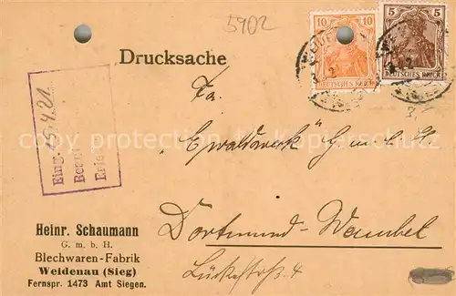 AK / Ansichtskarte Weidenau_Sieg Heinrich Schumann Blechwaren Fabrik Geschaeftskorrespondenz Weidenau Sieg