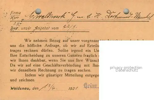 AK / Ansichtskarte Weidenau_Sieg Heinrich Schumann Blechwaren Fabrik Geschaeftskorrespondenz Weidenau Sieg