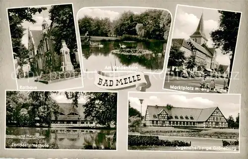 AK / Ansichtskarte Bad_Melle_Osnabrueck Landesturnschule Jugendherberge Groeneburg Rathaus Marktplatz Bad_Melle_Osnabrueck