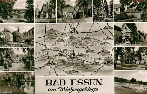 AK / Ansichtskarte Bad_Essen Gesamtansicht Kirchplatz Freibad Muehlenteich Trinkbrunnen Karlsplatz Fachwerkhaeuser Bad_Essen