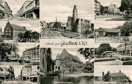 AK / Ansichtskarte Gladbeck Rathausplatz Stadtbuecherei Badeanstalt Haus Wittringen Postamt Hochstrasse Jovy Platz Gladbeck