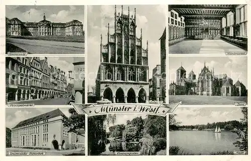 AK / Ansichtskarte Muenster_Westfalen Universitaet Rathaus Friedenssaal Prinzipalmarkt Dom Bibliothek Kanonengraben Aasee Muenster_Westfalen