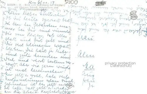 AK / Ansichtskarte Siegen_Westfalen Panorama Blick vom Giersberg auf Siegberg Oberes Schloss Nikolaiturm Michaelkirche Baumbluete Siegen_Westfalen