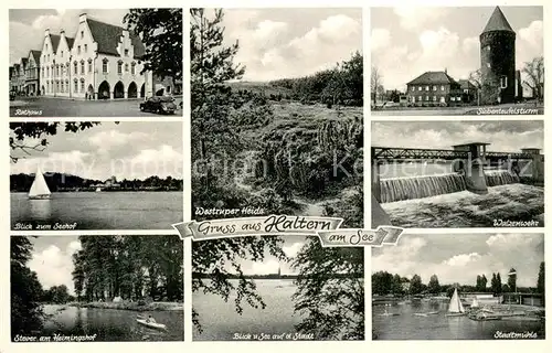 AK / Ansichtskarte Haltern_See Hotel Seehof Heimingshof Stadtmuehle Walzenwehr Siebenteufelsturm Westruper Heide Haltern See