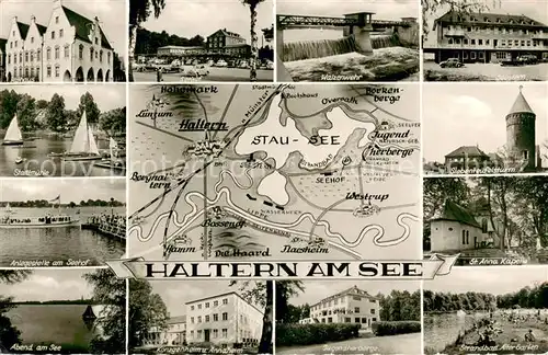 AK / Ansichtskarte Haltern_See Stadtmuehle Koenzgenheim und Annaheim Strandbad Alter Garten St. Anna Kapelle Siebenteufelsturm Walzenwehr Hotel Seehof Haltern See