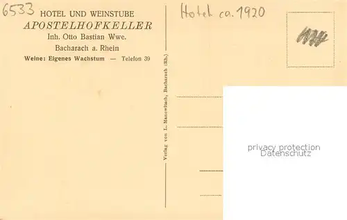 AK / Ansichtskarte Bacharach_Rhein Hotel und Weinstube Apostelhofkeller Bacharach Rhein
