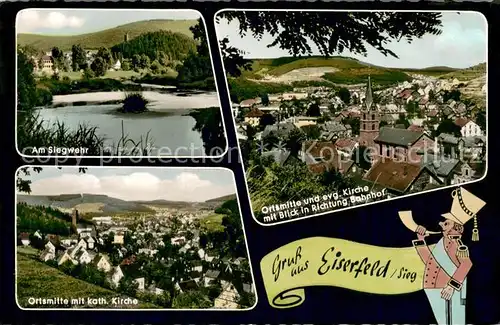 AK / Ansichtskarte Eiserfeld_Siegen Am Siegwehr Ortsansicht mit Kirche 