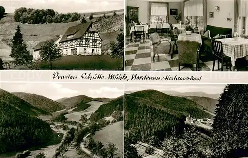 AK / Ansichtskarte Nordenau Pension Schuette Muehle Gastraum Landschaftspanorama Nordenau