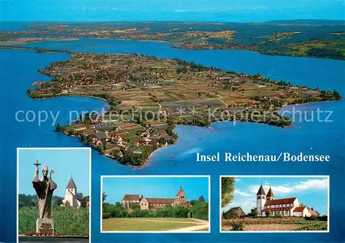 AK / Ansichtskarte Insel_Reichenau_Bodensee Fliegeraufnahme Statue Kirchen 