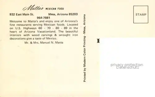 AK / Ansichtskarte Mesa_Arizona Mattas Mexican Food Restaurant Mesa Arizona