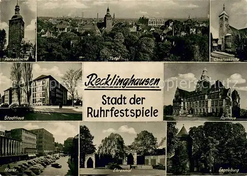 AK / Ansichtskarte Recklinghausen_Westfalen Christuskirche Rathaus Stadthaus Markt Petruskirche Engelsburg Totalansicht Ehrenmal Recklinghausen_Westfalen