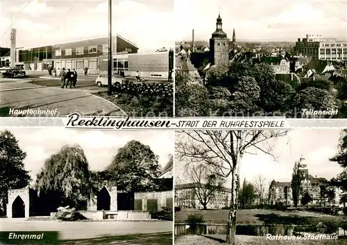 AK / Ansichtskarte Recklinghausen_Westfalen Ehrenmal Hauptbahnhof Teilansicht Rathaus und Stadthalle Recklinghausen_Westfalen