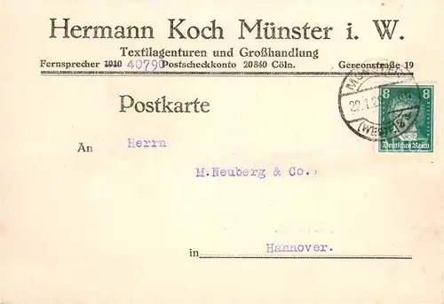 AK / Ansichtskarte Muenster_Westfalen Hermann Koch Textilagenturen und Grosshandlung Geschaeftskarte Muenster_Westfalen