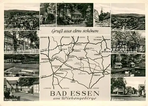 AK / Ansichtskarte Bad_Essen Alte Muehle Trinkbrunnen Gesamtansicht Kirchplatz Solbad Karlsplatz Rossstrasse Schwanenteich Bluehende Bergstrasse  Bad_Essen