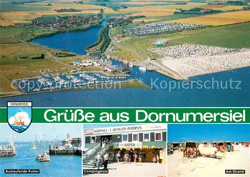 AK / Ansichtskarte Dornumersiel Fliegeraufnahme Auslaufende Kutter Campingplatz Strand Dornumersiel