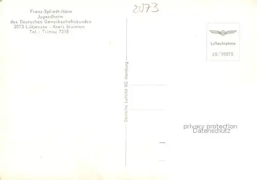 AK / Ansichtskarte Luetjensee Franz Spliedt Heim Jugendheim des Dt Gewerkschaftsbundes Fliegeraufnahme Luetjensee