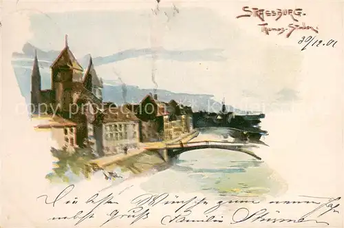 AK / Ansichtskarte Strassburg_Elsass Stadtpanorama Illbruecke Kuenstlerkarte Strassburg Elsass