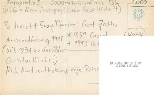 AK / Ansichtskarte Koeln_Rhein Pantheist und Ev Pfarrer Carl Jatho Koeln_Rhein