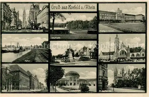 AK / Ansichtskarte Krefeld_Rhein Stadtwald Bahnhof St. Josefskirche Friedhofshalle Landgericht Hafen Bismarckplatz Rheinstrasse mit Strassenbahn 