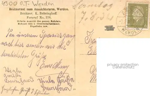 AK / Ansichtskarte Werden_Ruhr_Essen Restaurant Zum Aussichtsturm 
