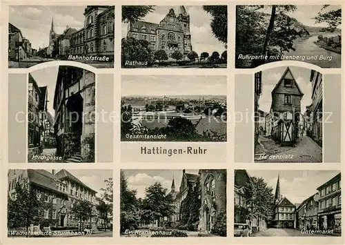 AK / Ansichtskarte Hattingen_Ruhr Wachsstandarte Sturmbahn 3 Ev. Krankenhaus Untermarkt Haldenplatz Ruhrpartie mit Isenberg und Burg Rathaus Bahnhofstrasse Kirchgasse Hattingen Ruhr