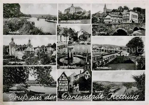 AK / Ansichtskarte Kettwig Ruhrpartie Bootsanlegestelle Ruhrbruecken Alt Kettwig Muetter Erholungsheim Maerchen Brunnen Schloss Hugenpoet Feldpost Kettwig