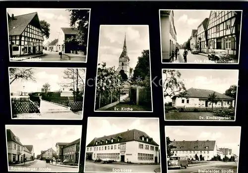 AK / Ansichtskarte Versmold Muenster Strasse Ev.Kirche Alte Fachwerkhaeuser Sparkasse Versmold
