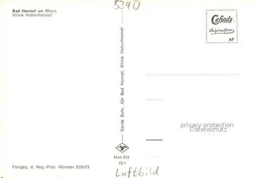 AK / Ansichtskarte Bad_Honnef Klinik Hohenhonnef Fliegeraufnahme Bad_Honnef