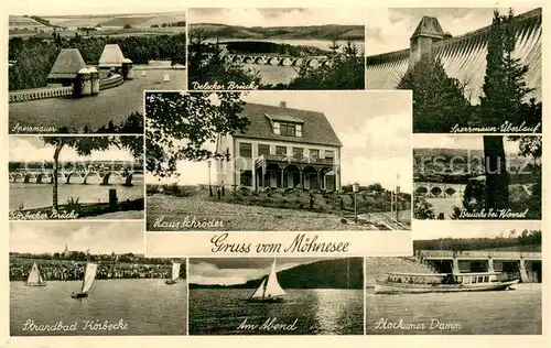 AK / Ansichtskarte Moehnesee Sperrmauer Strandbad Haus Schroeder Delecker Bruecke Stockumer Damm Moehnesee