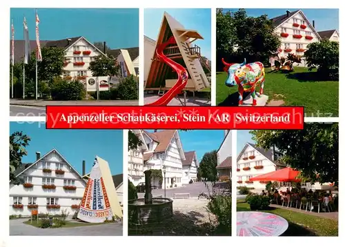 AK / Ansichtskarte Stein_AR Appenzeller Schaukaeserei Restaurant Terrasse Kinderspielplatz Dorfbrunnen Stein_AR